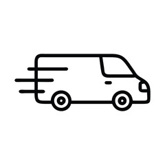 Simple delivery van icon with motion lines, Black and white outline of a delivery van with motion lines, representing fast shipping, transportation, and logistics services.
