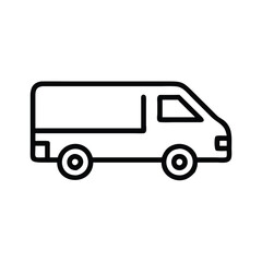 Basic delivery truck icon in black outline, Minimalistic black outline of a delivery truck, symbolizing transportation, shipping, and logistics services in a simple design.
