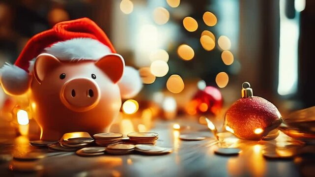 A cheerful piggy bank in a Santa hat stands among scattered coins and sparkling holiday ornaments, celebrating Christmas joy