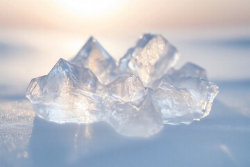 Obraz premium Close-up of clear ice cubes with soft lighting, creating a tranquil, frosty ambiance. The ice crystals reflect subtle warm light, enhancing the cool and refreshing atmosphere