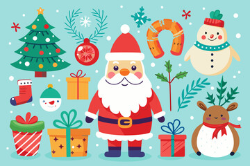 Hand-drawn Christmas Illustration Set with Santa, Reindeer, Snowmen, and Holiday Icons