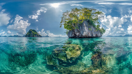Fototapeta premium Tropical Island Paradise: 360 Panoramic View of Lush Greenery and Underwater Coral Reef