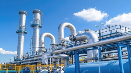 Industrial Facility with Pipes and Clear Blue Sky