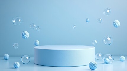 Podium with bubbles on blue background