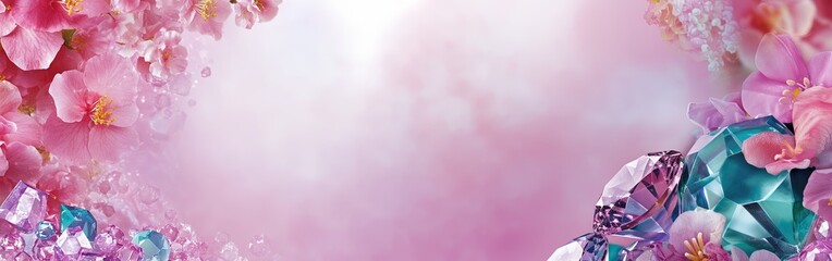 Obraz premium Pink floral and crystal gem background with soft light and sparkling details