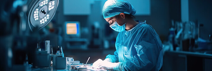 Female surgeon performing a complex operation in a sterile environment