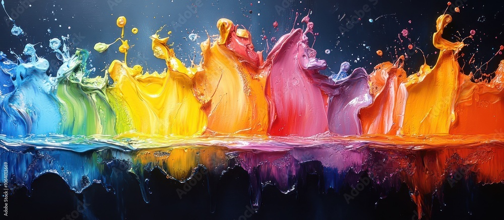 Poster a vibrant splash of colored paint creating a dynamic wave effect against a dark background.