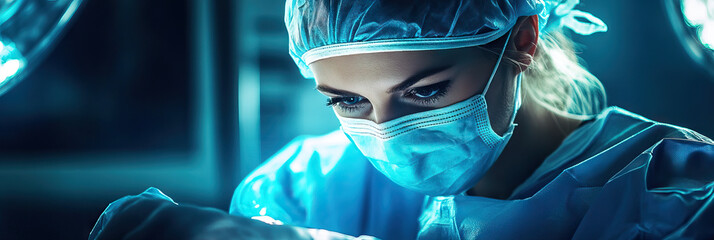 Female surgeon performing a complex operation in a sterile environment