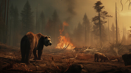 Fototapeta premium A mother bear and cub in a forest fire showing loss of habitat in climate change