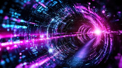 Futuristic neon tunnel with dynamic light trails and digital patterns