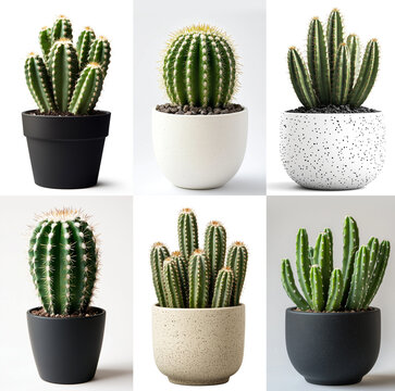 photo set of various cacti  in a black  white beige pot on  isolated background