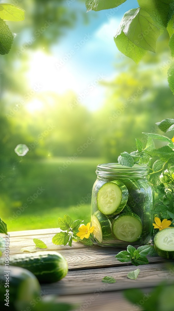 Poster highlighting vibrant cucumber pickles in a jar amidst fresh cucumbers and fragrant dill on a sunlit 