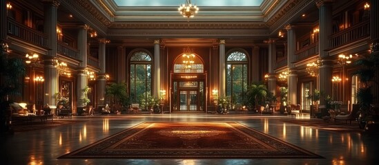 A grand, well-lit lobby with elegant decor and lush plants, inviting guests to relax.