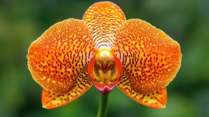 A single orange and red orchid flower with brown spots in a close-up view.