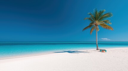 Christmas in southern hemisphere with a palm tree with christmas decorations and gift boxes on tropical beach with white sand and beautiful blue sea view.