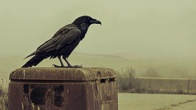 A raven perched on a rusty box in a foggy, desolate landscape