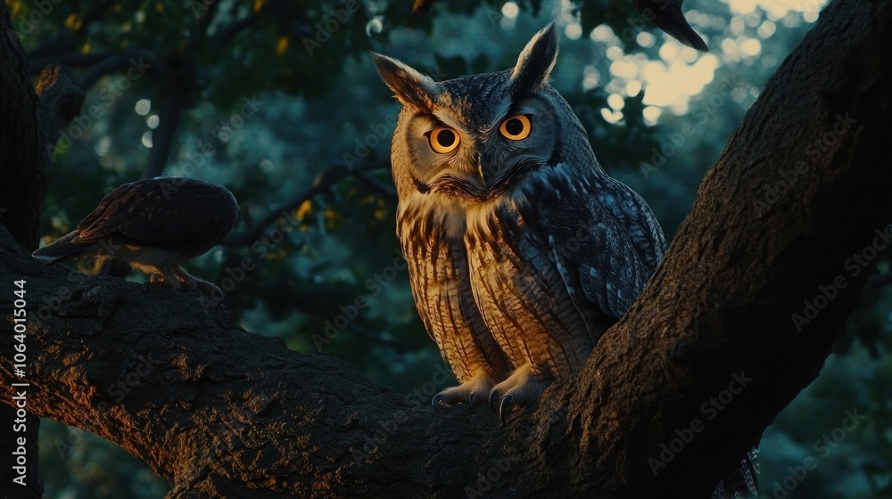 Poster a large owl with piercing yellow eyes sits on a tree branch, looking directly at the camera. a small