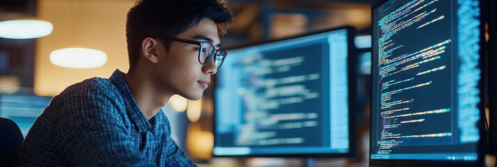 Young Asian student studying coding in a library
