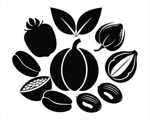 Black Silhouette of Pistachio, Almond, Walnut, Pecan, Cashew, Macadamia, and Brazilian Nut Icons, Perfect for Food Packaging, Culinary Designs, Healthy Snacks, and Organic Product Projects. Vector.