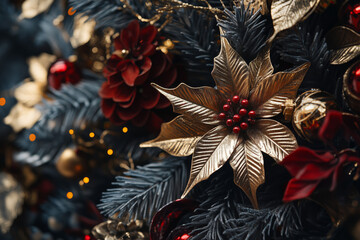 Close-up of a Christmas tree decoration with a golden poinsettia