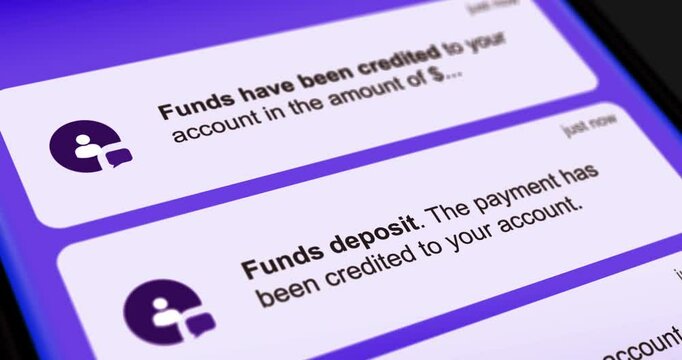 Sms Funds credited to your bank account, funds deposit message, scrolling list of incoming notifications on smartphone screen, close-up, footage