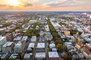 Old historical city Savannah in Georgia. Southern USA cityscape at sunset