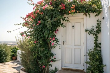 Naklejka premium A white door with a floral climbing plant trained to grow up the frame, overflowing with leaves and flowers, white door, climbing plant, door decoration, flowering vine
