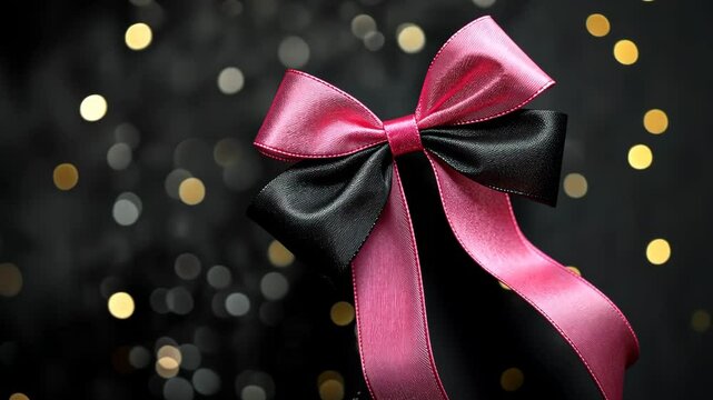 A pink and black satin bow sits on a black background with gold bokeh