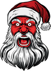 Scary horror santa claus head, killer santa claus for horror scary christmas funny cartoon. Bad santa claus character portrait from the front illustration graphic