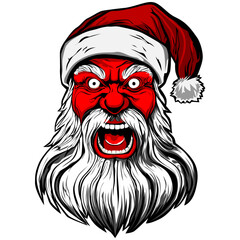 Scary horror santa claus head, killer santa claus for horror scary christmas funny cartoon. Bad santa claus character portrait from the front illustration graphic