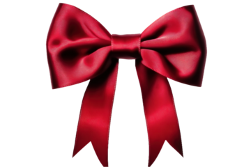Vibrant red bow tie isolated on isolated transparent background. Classic bow shape with ribbon folded over itself. Symmetrical and balanced design. Rich color and intricate details of ribbon knot.