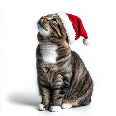 Cute cat in christmas hat on white background