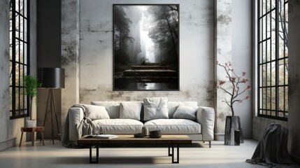 A modern living room featuring a cozy sofa, coffee table, and a large artwork of a misty forest.