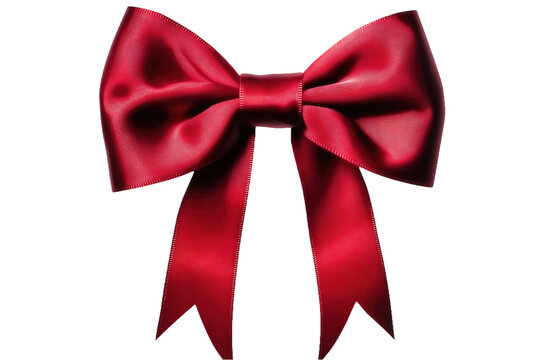 Vibrant red bow tie isolated on isolated transparent background. Classic bow shape with ribbon folded over itself. Symmetrical and balanced design. Rich color and intricate details of ribbon knot.