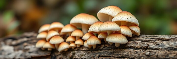 Obraz premium Close-up of mushroom caps growing on a log, organic matter, earthy tones, biological processes
