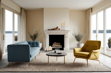 Fototapeta premium Yellow chair and blue sofa in room with fireplace. Scandinavian home interior design of modern living room in house by lake.