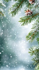 Obraz premium Snowfall gently covers pine branches during a winter day in a tranquil forest setting