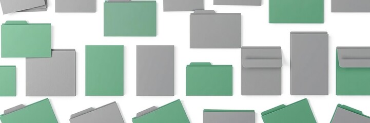 Collection of grey and green folders arranged in a collage on a white background, productivity tools, file storage, green folders