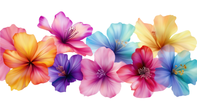 Vibrant bouquet of tropical flowers in various colors red, orange, yellow with flowers in bud form. Close-up view of individual flowers with intricate details. Diagonal arrangement creates sense of