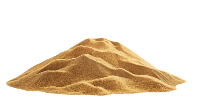 Close-up of compacted sand mound with beige color. alpha layer makes sand focal point. Sand texture, particle shape, grained structure visible. Desert sand dune, isolated on white, objects text Png.