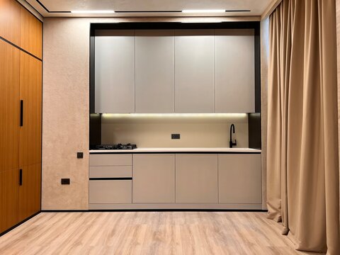 Modern Minimalist Kitchen Interior with Wooden and Neutral Elements