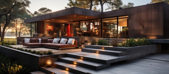 Obraz premium Modern architectural home with outdoor seating, surrounded by trees at sunset.