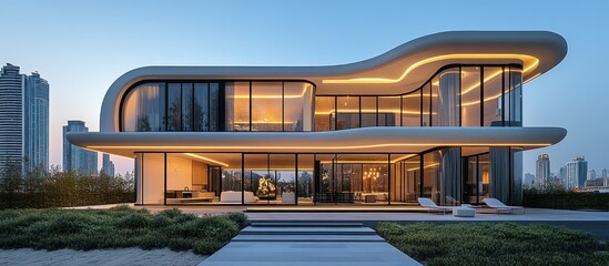 Modern architectural design featuring a sleek, curved facade with large glass windows.