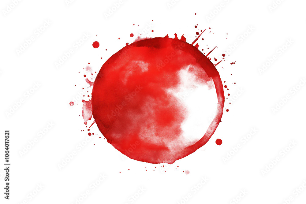 Poster vibrant red circle on isolated transparent background with small white dots. bold color, whimsical d