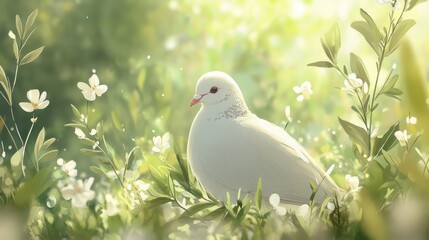 Obraz premium A peaceful outdoor setting with a dove resting on an olive branch, surrounded by soft grass and flowers