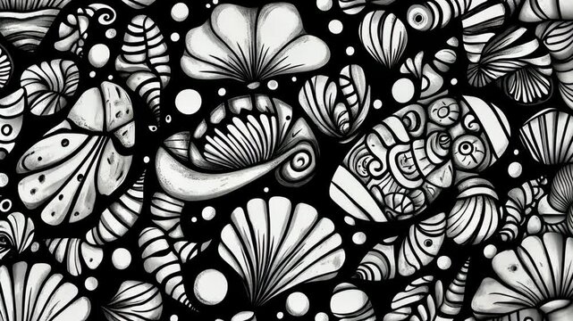 A black and white illustration of seashells and other ocean-themed objects