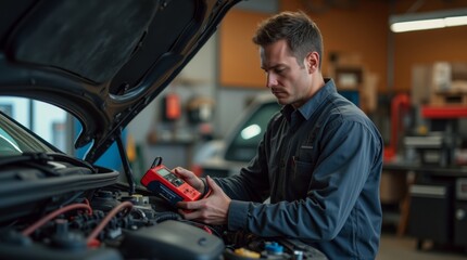 A mechanic using a car battery tester on a vehicle in a garage, focused expression, tools and car parts in the background, warm and practical atmosphere, dynamic automotive scene