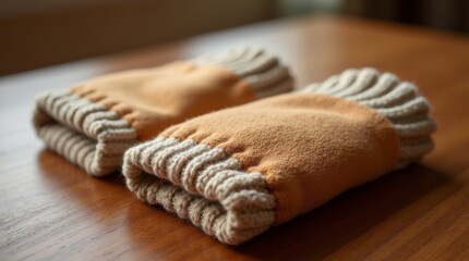 a pair of hand warmers on a wooden table, soft fabric texture, warm colors, natural lighting, detailed stitching and design, isolated with no other objects