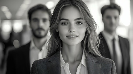 A confident woman stands in focus, flanked by two men, representing professionalism in a modern business environment, captured in black and white.