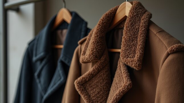 A stylish winter coat hanging on a wooden hanger, rich fabric texture, deep colors, natural lighting, detailed stitching and buttons, isolated with no other objects